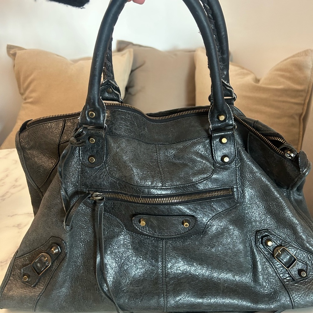 Balenciaga Distressed Moto Black Leather Tote